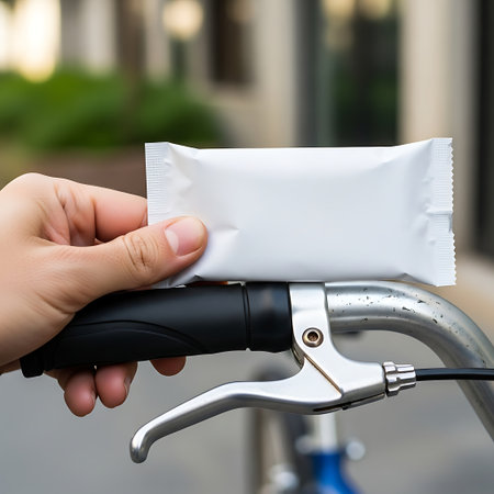 Hand holding a white packaged food bar on a bicycle handlebar outdoorsの素材