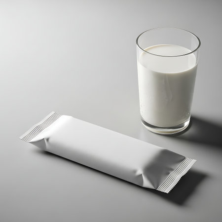 Glass of milk and a white wrapped protein bar on a gray surfaceの素材