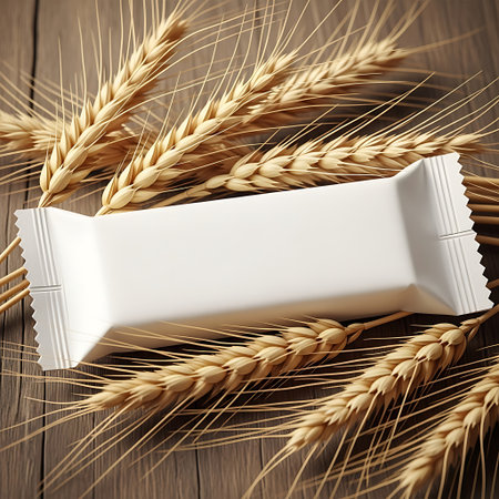 Blank white food bar wrapper resting on golden wheat stalksの素材