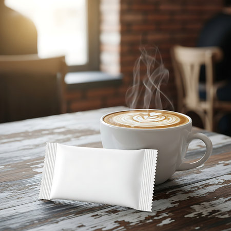 Steaming hot cup of latte art coffee with a white sugar packet mockupの素材