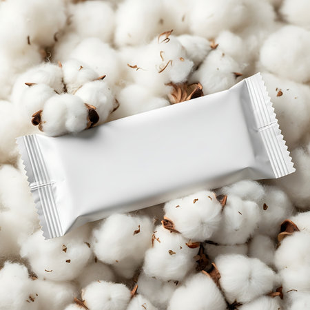 Blank white snack bar wrapper mockup resting on fluffy cotton plantの素材