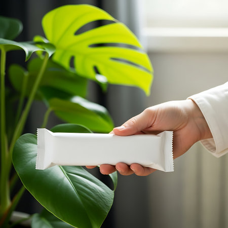 Hand holding a blank white snack bar wrapper near a large green plantの素材