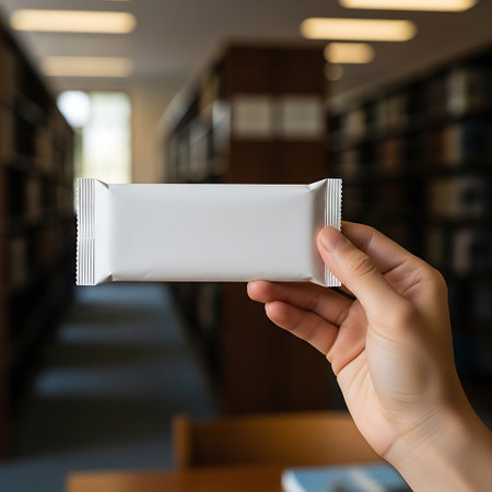 Hand holding a blank white snack bar wrapper in a library settingの素材