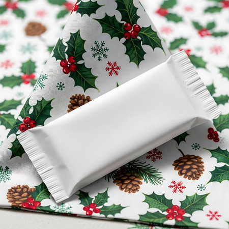 Blank white candy bar wrapper resting on festive christmas holly paperの素材