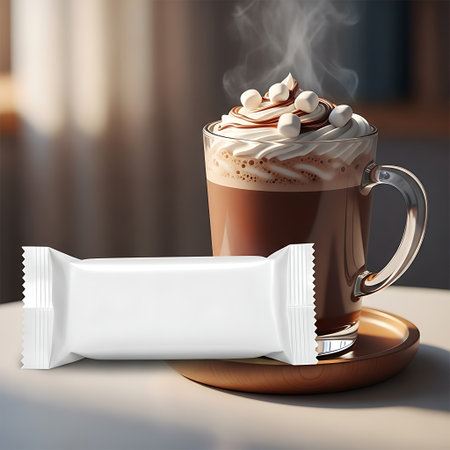 Steaming hot chocolate with whipped cream and a white candy bar mockupの素材