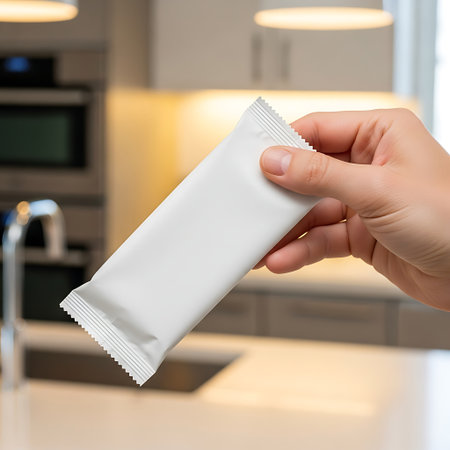 Hand holding a blank white food wrapper or snack bar packageの素材