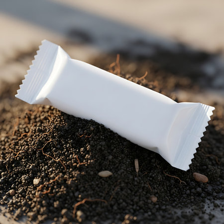 Plain white snack bar wrapper resting on dark soil or ground materialの素材