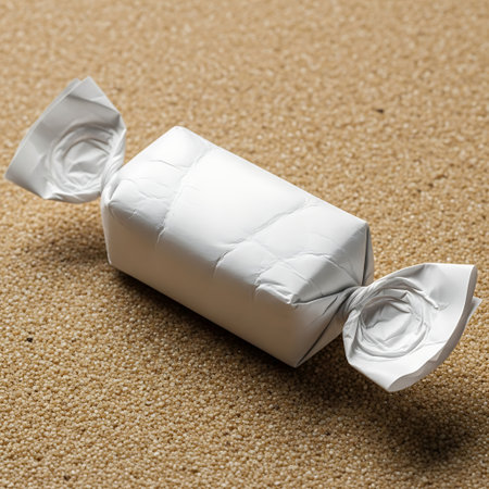 A single white wrapped candy resting on a textured brown surfaceの素材