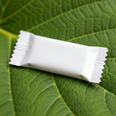 Small white candy bar wrapper resting on a vibrant green leaf surfaceの素材
