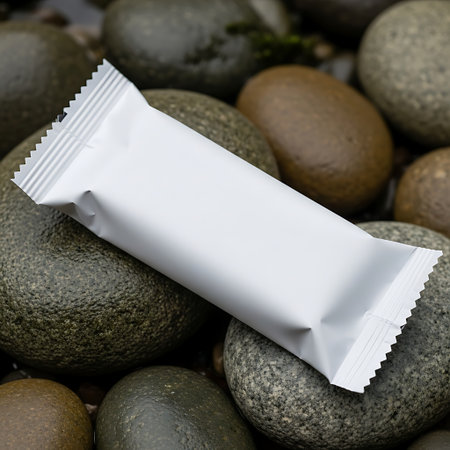 Blank white snack bar wrapper mockup resting on smooth river stonesの素材