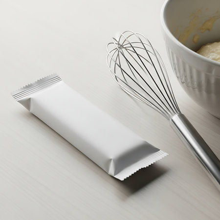 Blank white food bar wrapper next to whisk and mixing bowlの素材