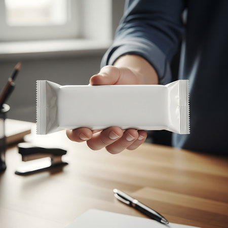 Hand offering a blank white snack bar wrapper on a wooden deskの素材