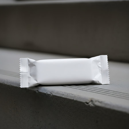 Blank white candy bar wrapper resting on a dark gray concrete surfaceの素材