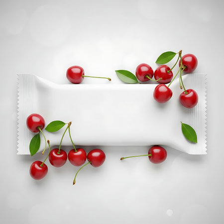 Cherry flavor ice cream bar mockup with fresh fruit on white backgroundの素材
