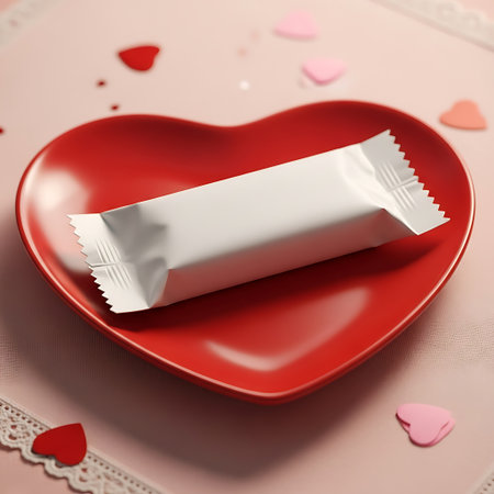 White chocolate bar in a red heartshaped dish with small heartsの素材