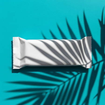 White snack bar wrapper casting a palm leaf shadow on blueの素材