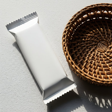 Blank white food bar wrapper mockup next to a small woven basketの素材