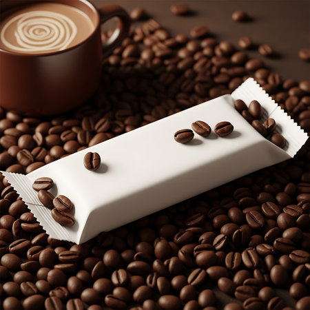 Coffee flavored snack bar resting on a bed of roasted coffee beans next to a mugの素材