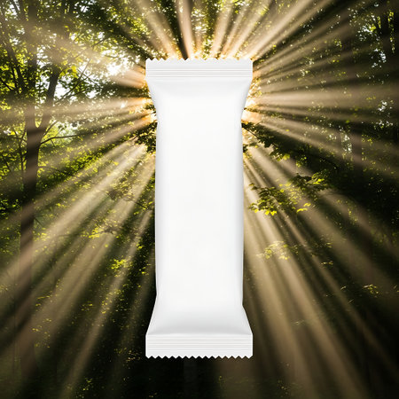 White snack bar wrapper mockup against a bright sunbeam forest backgroundの素材