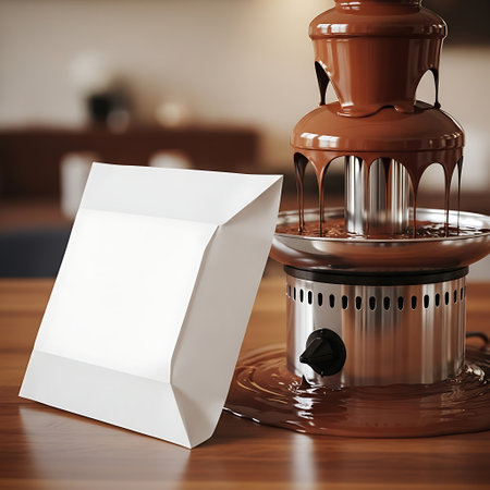 White paper food container next to a flowing chocolate fountainの素材
