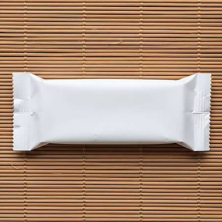 Blank white food bar wrapper mockup centered on a bamboo mat backgroundの素材