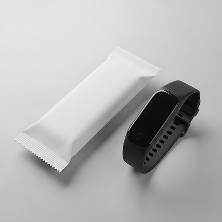 Mockup of a white rectangular snack bar wrapper next to a fitness trackerの素材