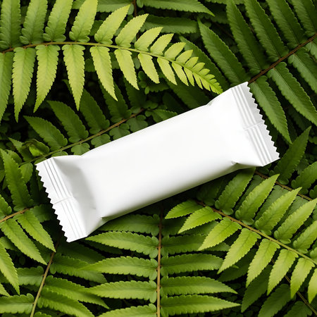 Blank white snack bar wrapper mockup resting on vibrant green fern leavesの素材
