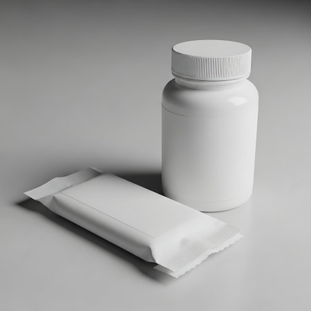 White supplement bottle and protein bar mockup on a neutral surfaceの素材