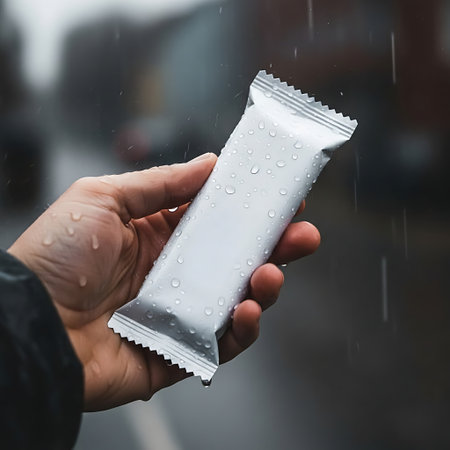 Hand holding a silver foil wrapped snack bar outdoors in the rainの素材