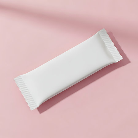 Blank white cosmetic sachet or sample packet on pink backgroundの素材