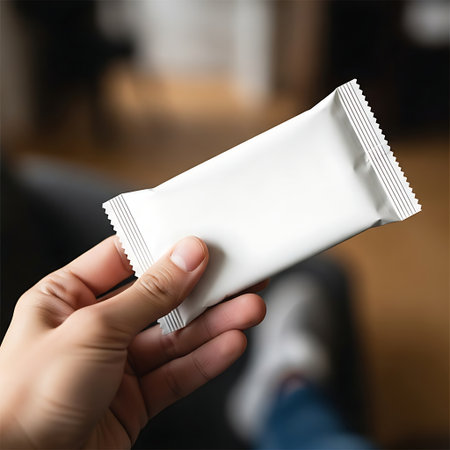 Hand holding a blank white rectangular food or cosmetic product packetの素材