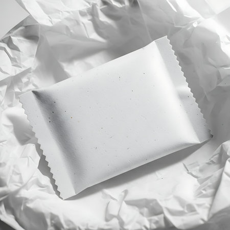 Blank white snack bar packaging mockup on crumpled white paperの素材