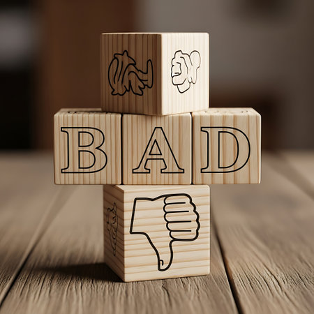 Wooden block spelling bad with negative symbol and iconの素材