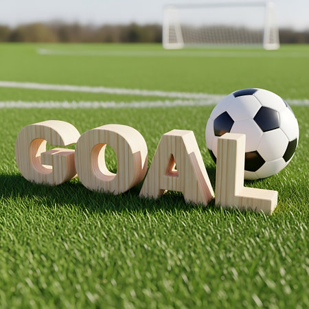 Wooden word goal and soccer ball on green grass field backgroundの素材