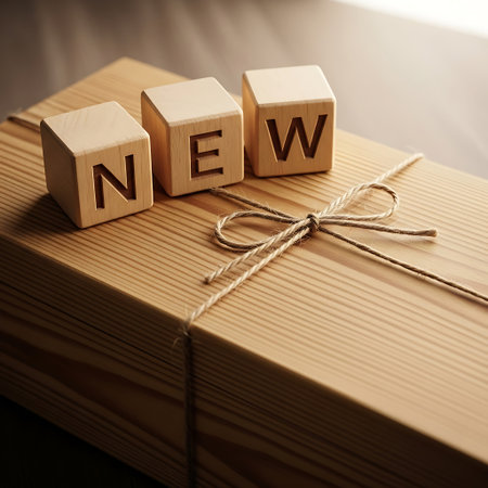 Wooden blocks spelling new resting on a tied gift boxの素材