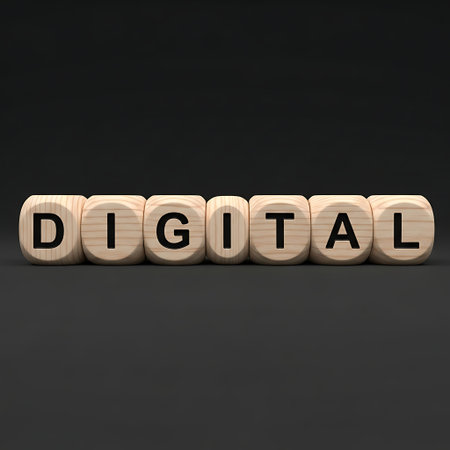 Wooden block spelling the word digital on a dark backgroundの素材