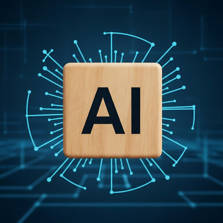 Wooden block with ai letters surrounded by digital network linesの素材