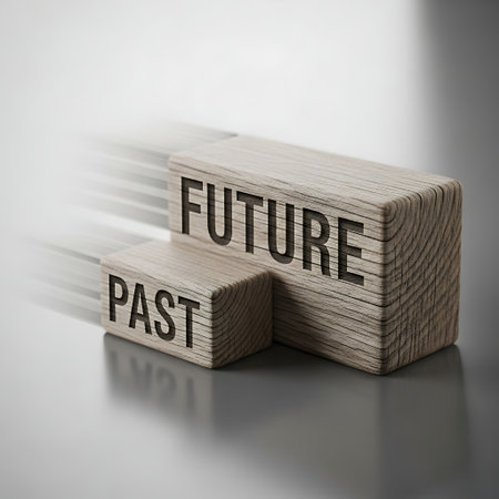 Wooden block with future moving past on a reflective surfaceの素材