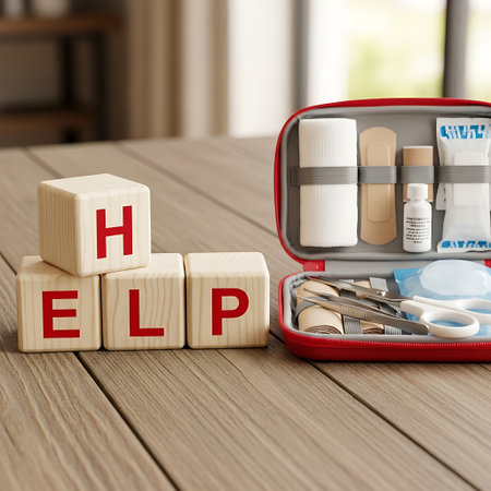 Wooden blocks spelling help next to an open first aid kitの素材