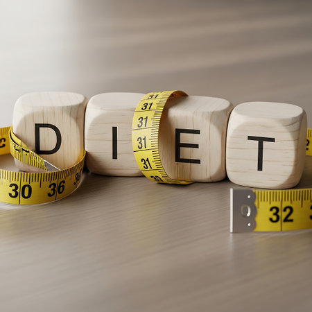 Wooden block spelling diet wrapped with yellow measuring tapeの素材