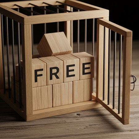 Wooden blocks spelling free inside an open wooden bird cageの素材