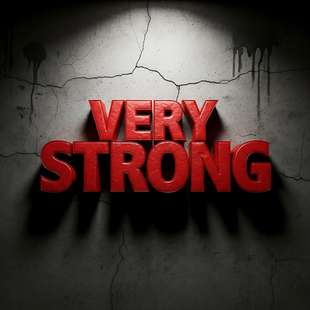 Red 3d text saying very strong illuminated on dark wallの素材