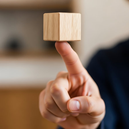 Person balancing a small wooden cube on fingertip with shallow depth of fieldの素材