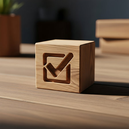 Wooden cube with carved checkmark symbol resting on a tableの素材