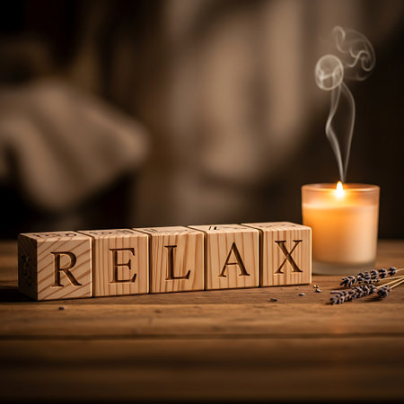 Wooden block spelling relax next to burning candle and lavenderの素材