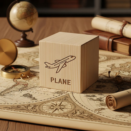 Wooden block with plane drawing on vintage map and globeの素材