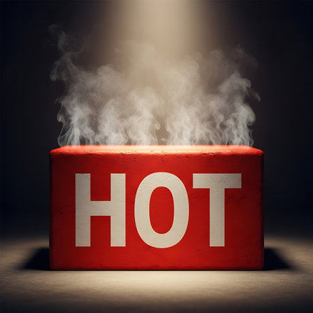 Red block with the word hot steaming under a spotlightの素材