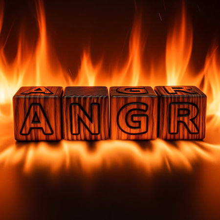 Wooden block spelling anger in front of intense fire illustrationの素材