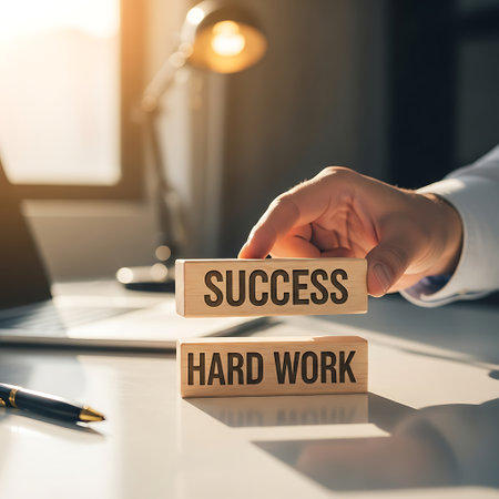 Hand placing wooden block with success over hard workの素材