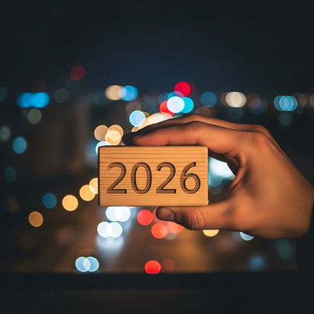 Hand holding wooden block with year 2026 against city night bokeh lightsの素材